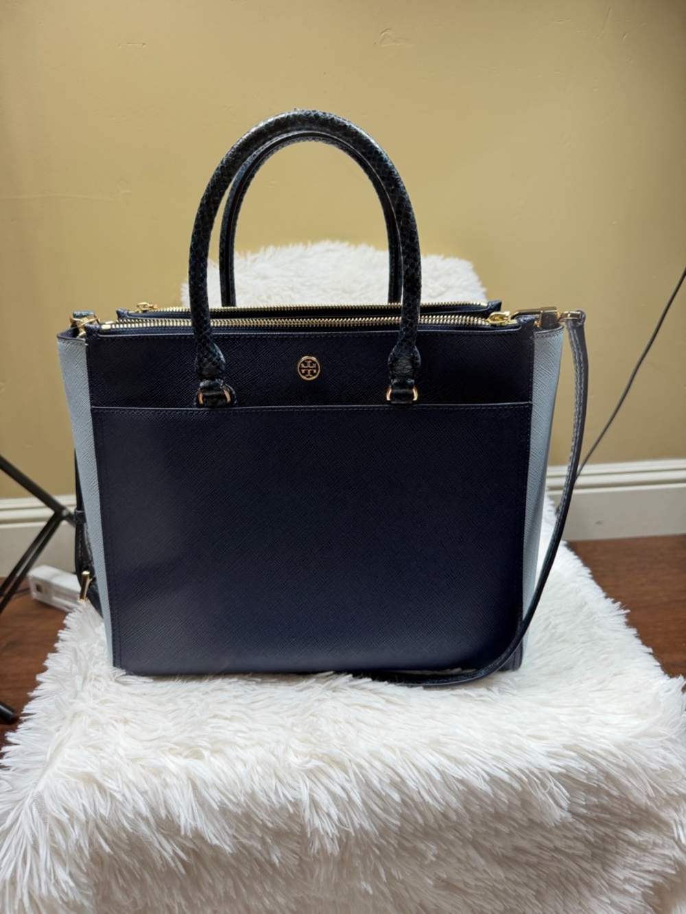 Tory Burch Navy and White Leather Satchel with Gold Hardware